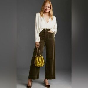 Anthropologie Maeve Colette Corduroy Wide Leg Pants Size 25 in Moss Green